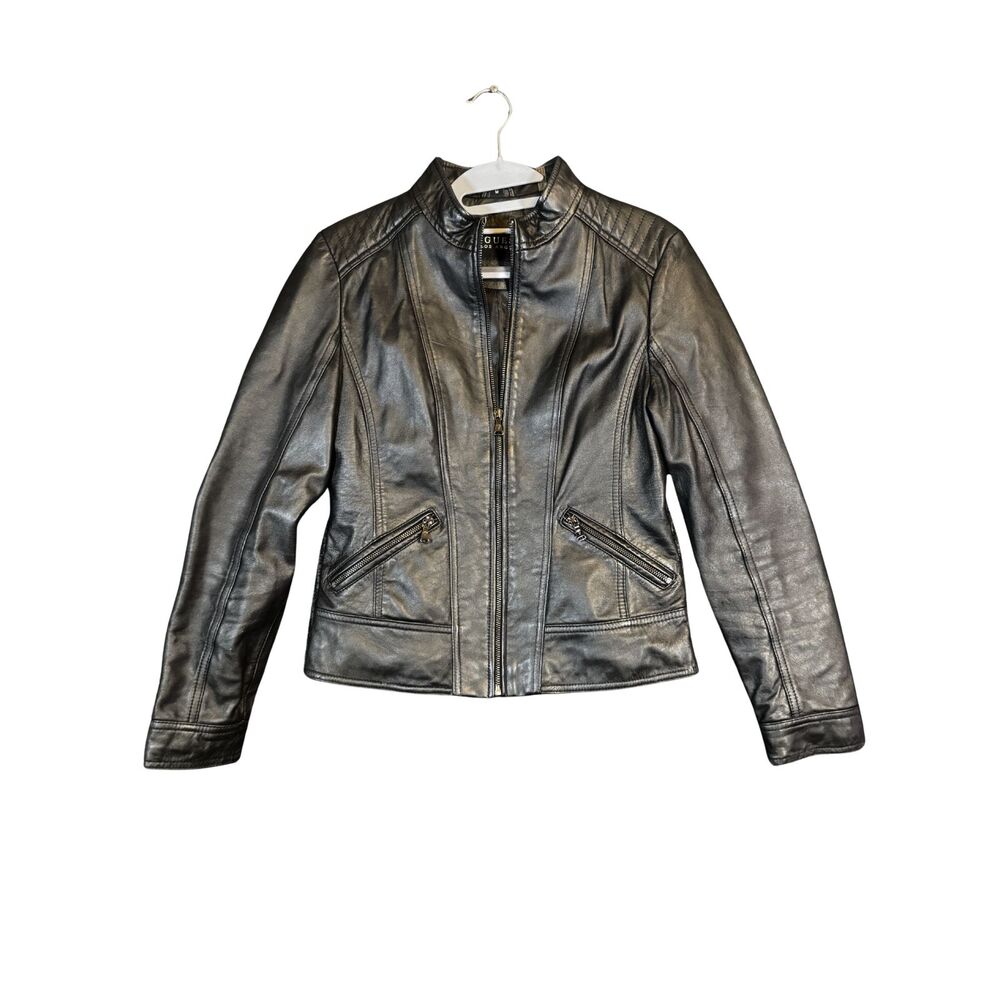 Guess Genuine Leather Black Moto Jacket Womens M
